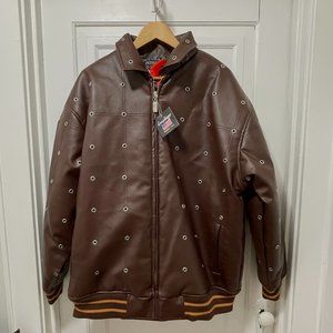 Men's XL Indigo Brown Faux Leather Silver Stud Rivet Detachable Hood Jacket New!